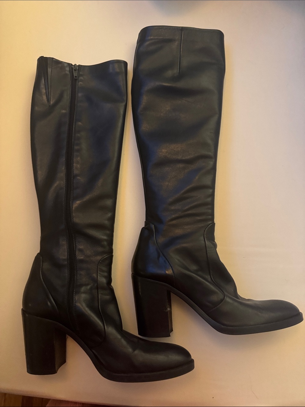 STRATEGIA Black Knee-High Leather Block Heel Boots